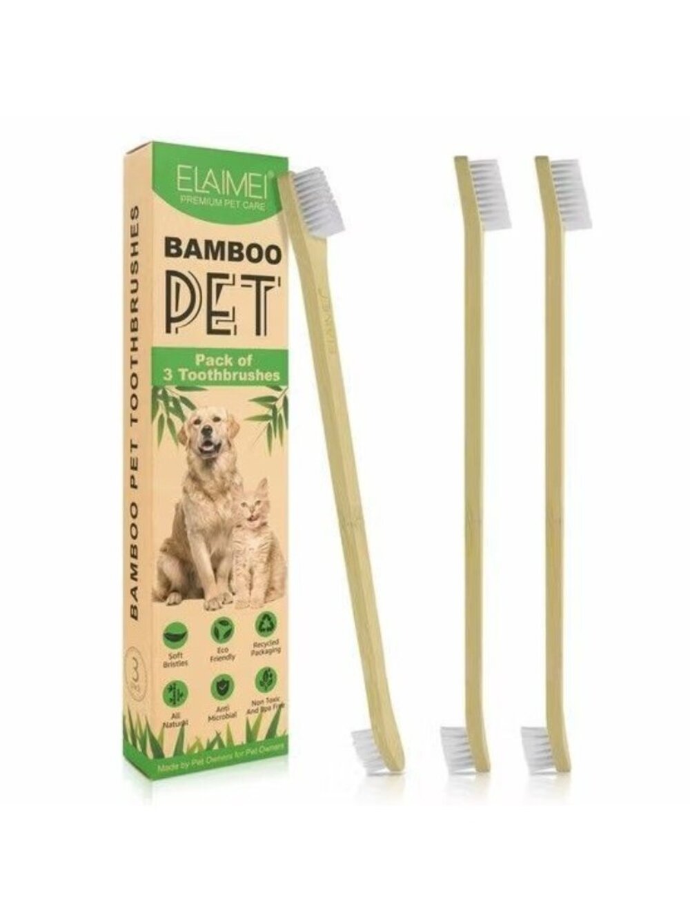 P66 - ELAIMEI Bamboo Pet Toothbrush Set Pack of 3 Premium Eco-friendly Toothbrus